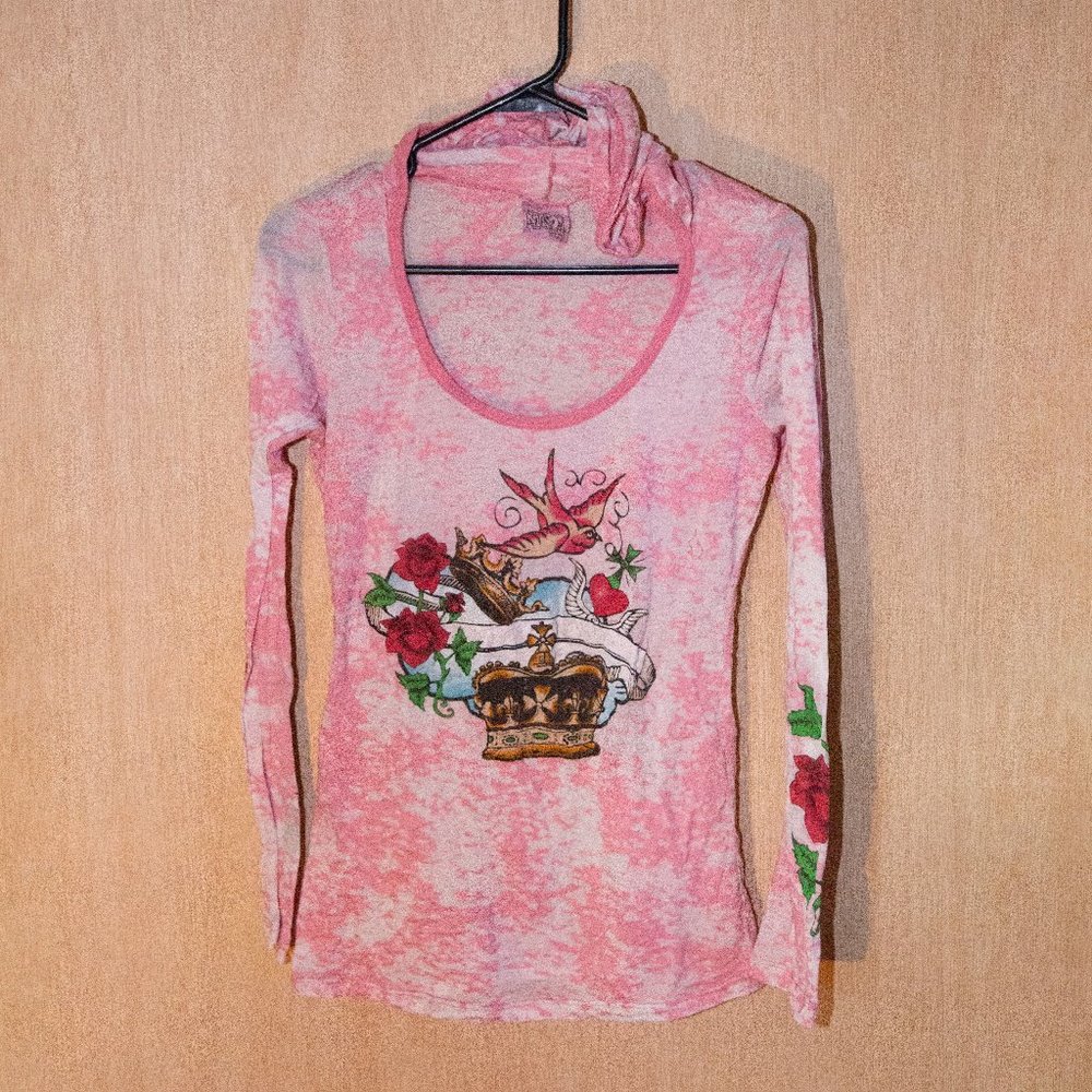 Ransom Clothing Pink Burnout Rose Tattoo Graphics Hooded Long Sleeve Tee, Size L